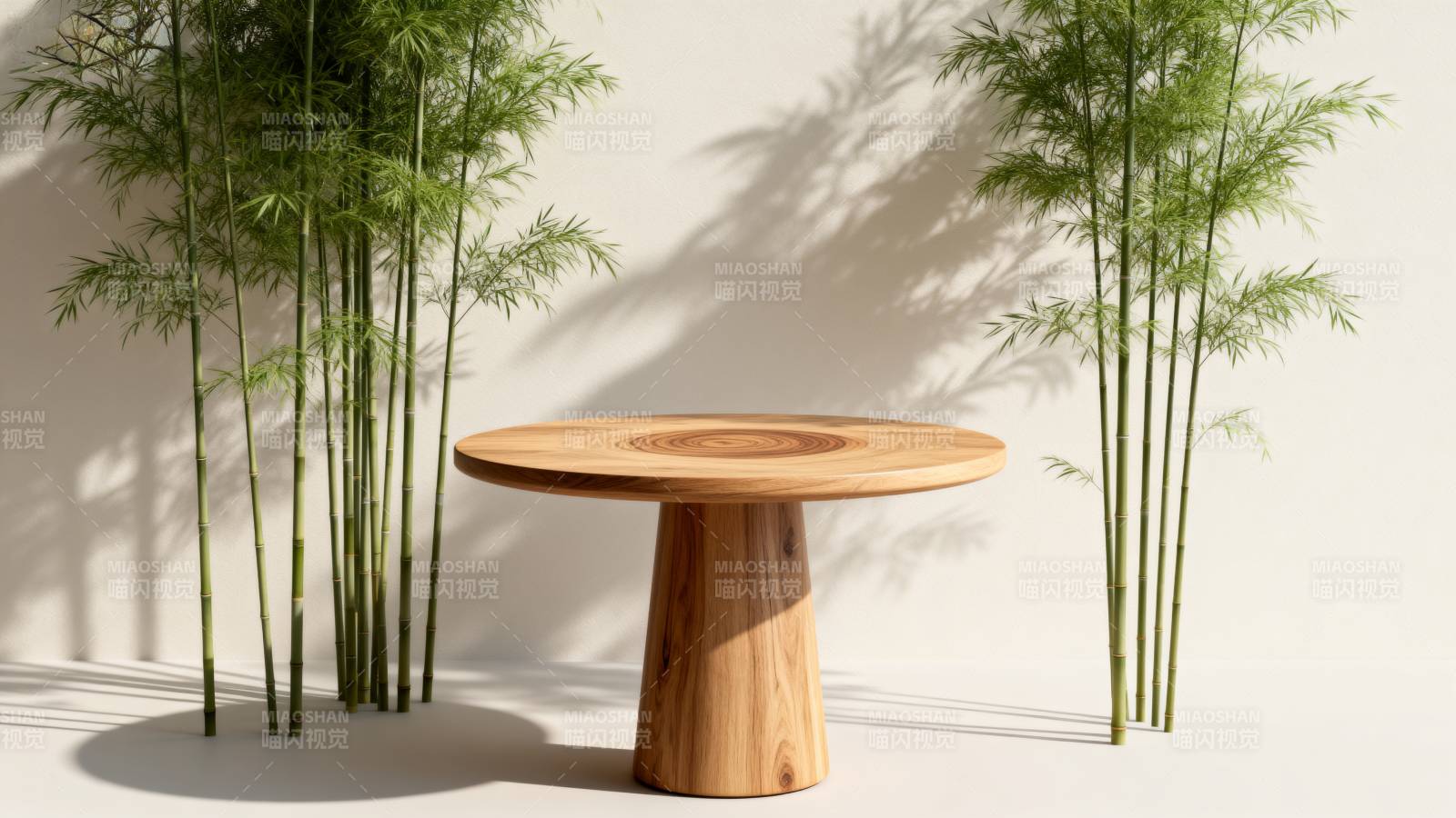 竹影木桌静谧景图片