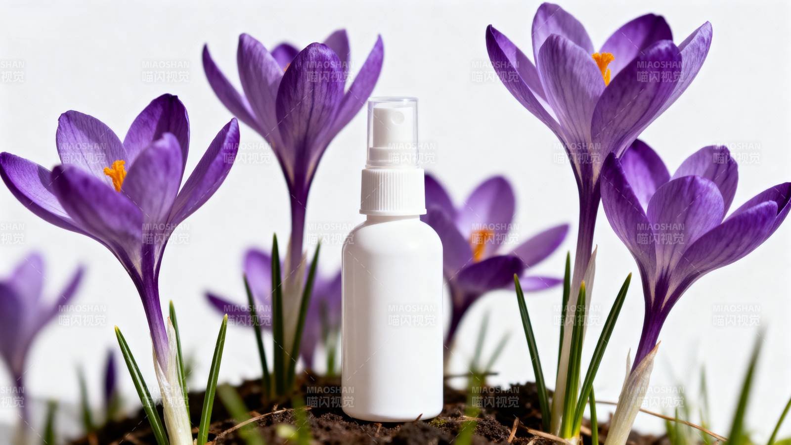 紫花旁的喷雾瓶图片