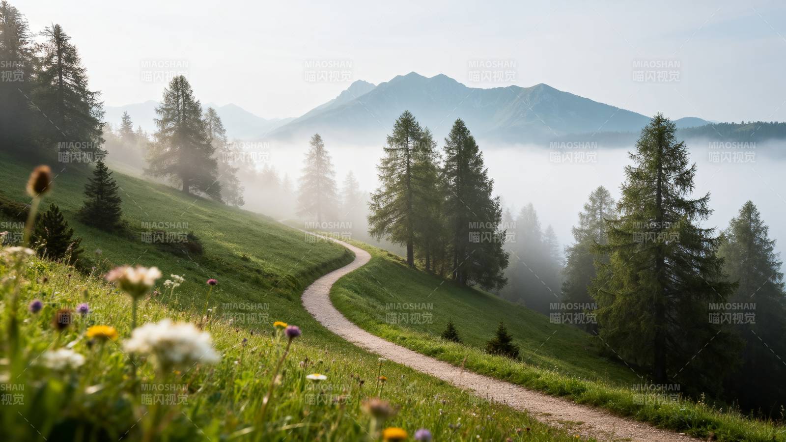 雾绕山间小径图片
