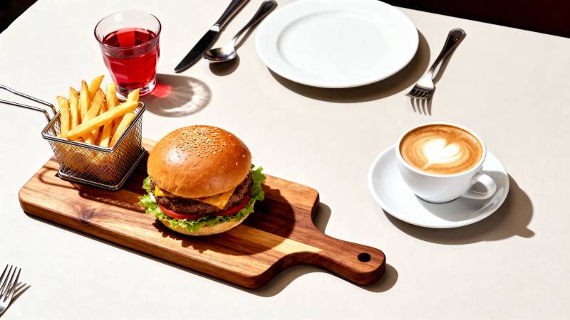 汉堡薯条配咖啡图片