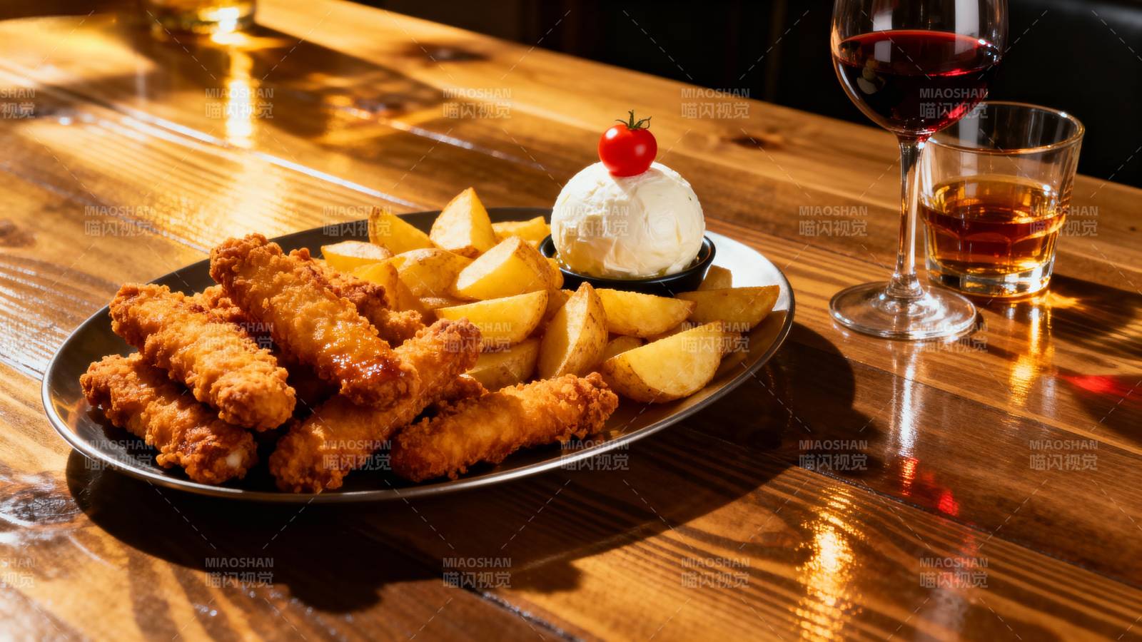 美味炸鱼薯条配酒图片
