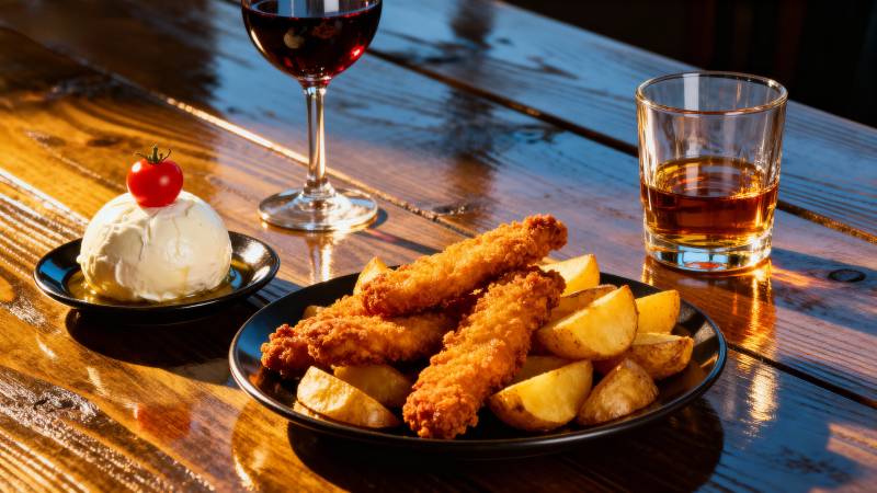 炸鱼薯条配酒图片