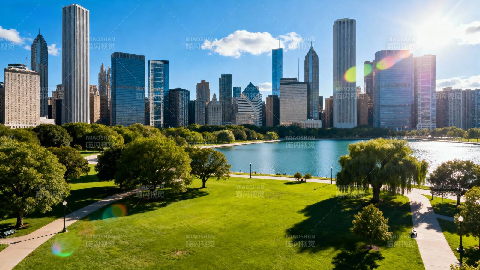 城市湖畔绿景图片