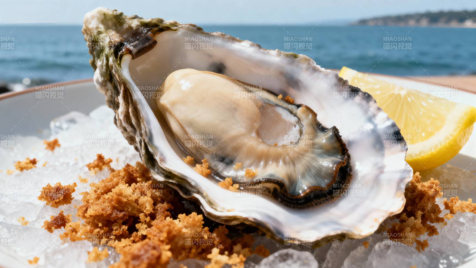 鲜蚝配柠檬冰粒图片