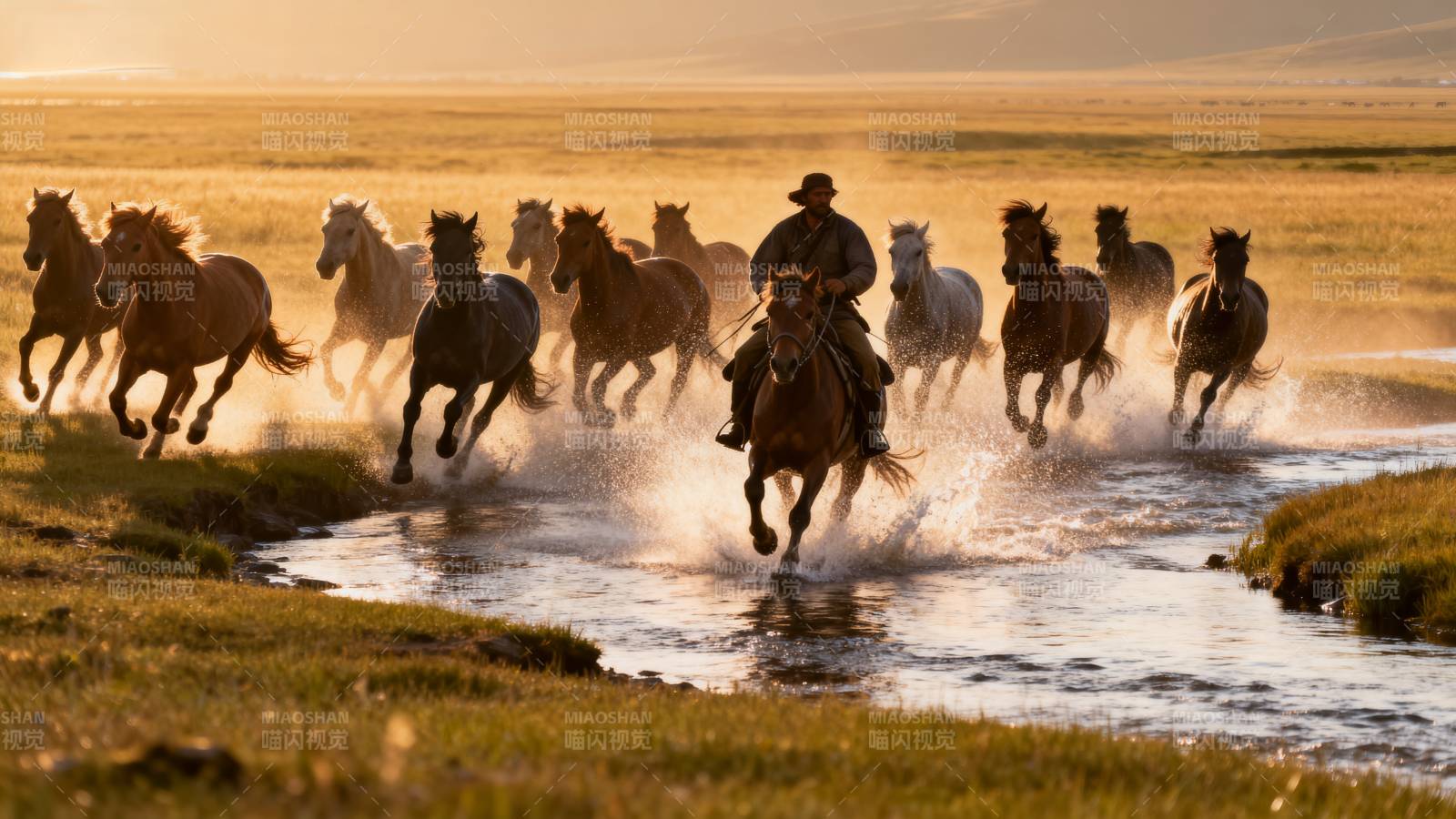 骏马奔腾过溪流图片