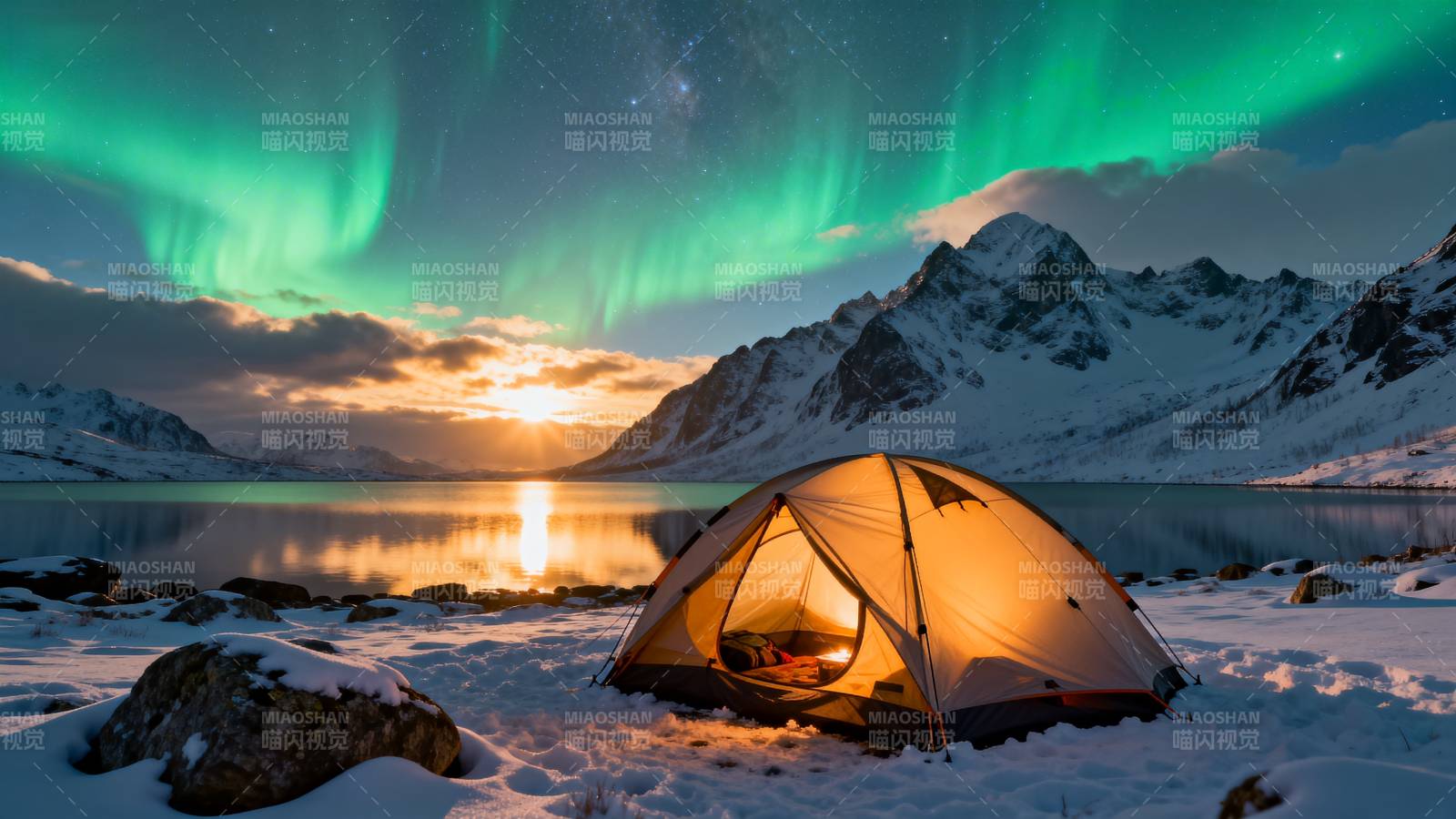 极光下的雪地帐篷图片