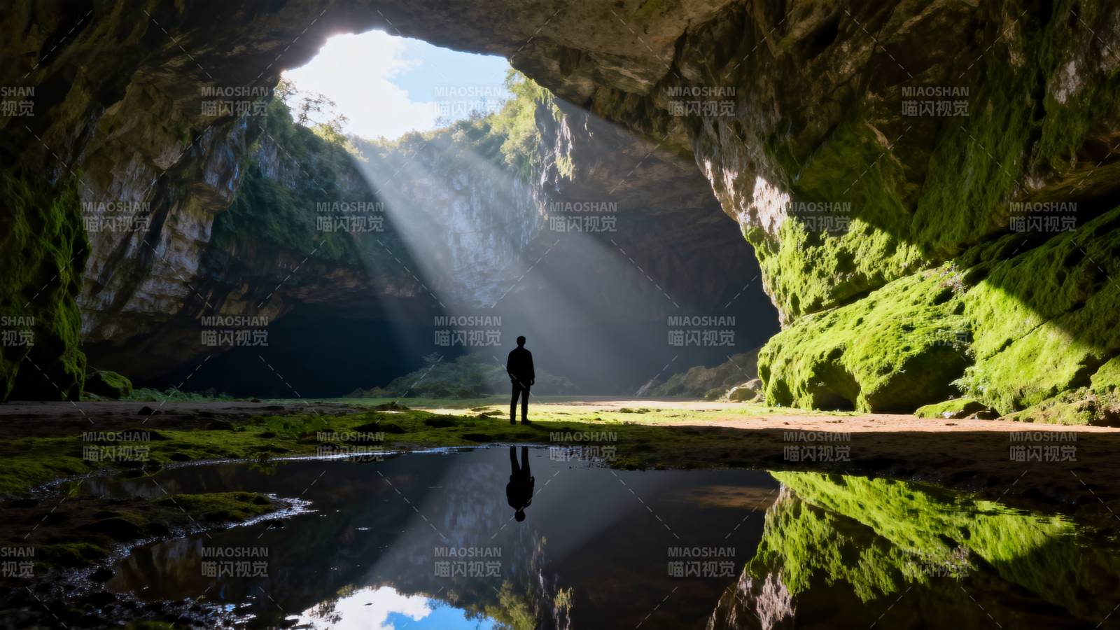 洞穴光影中的孤独身影图片