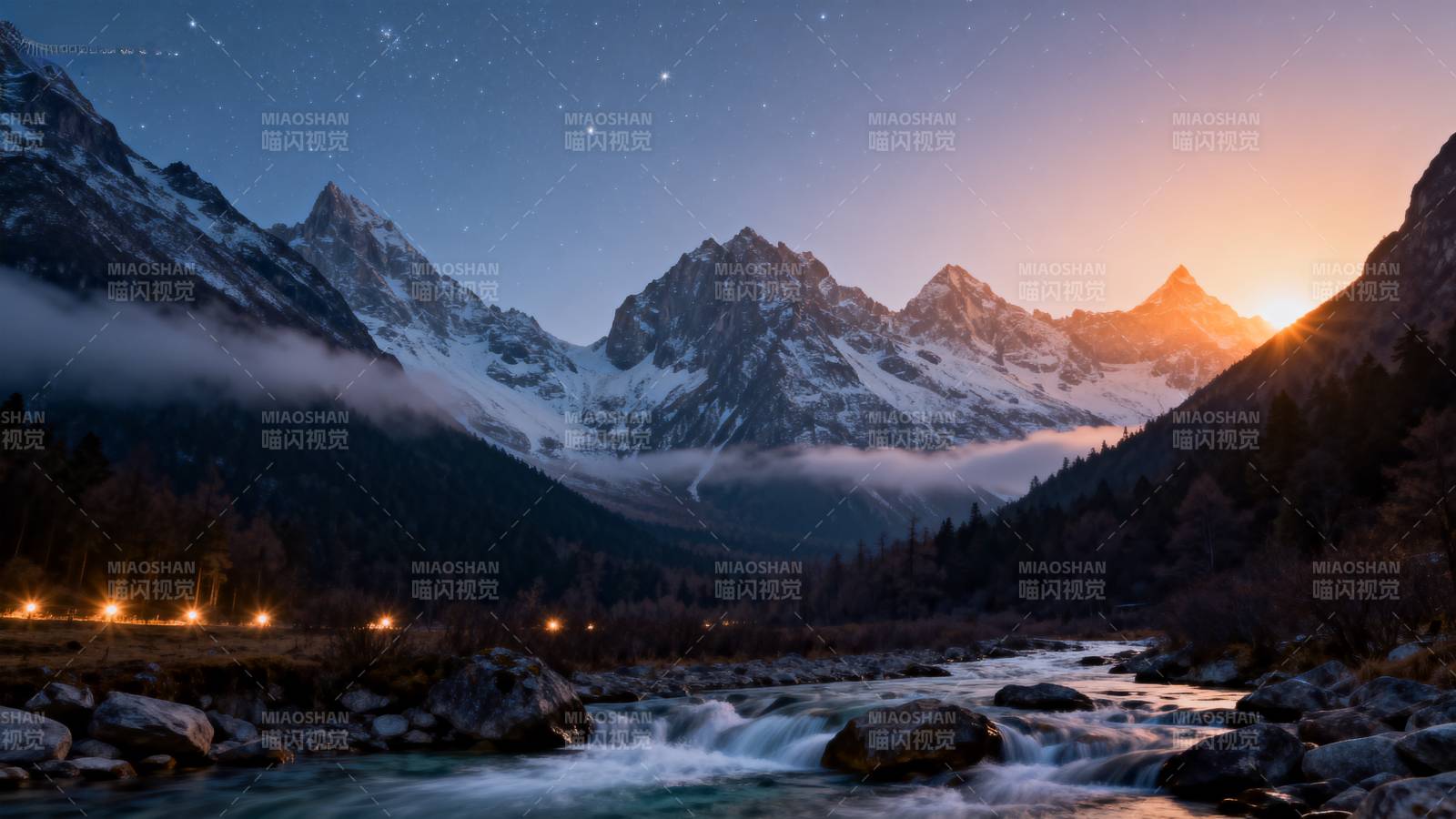 雪山夜景流光图片