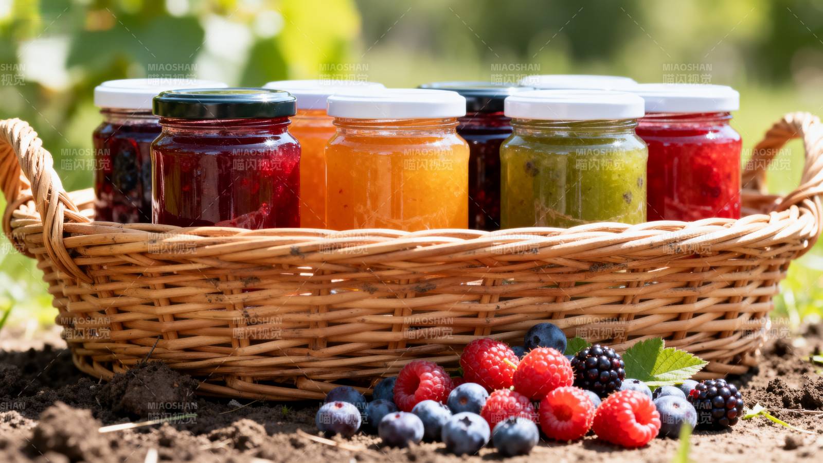 果酱篮子与新鲜浆果图片