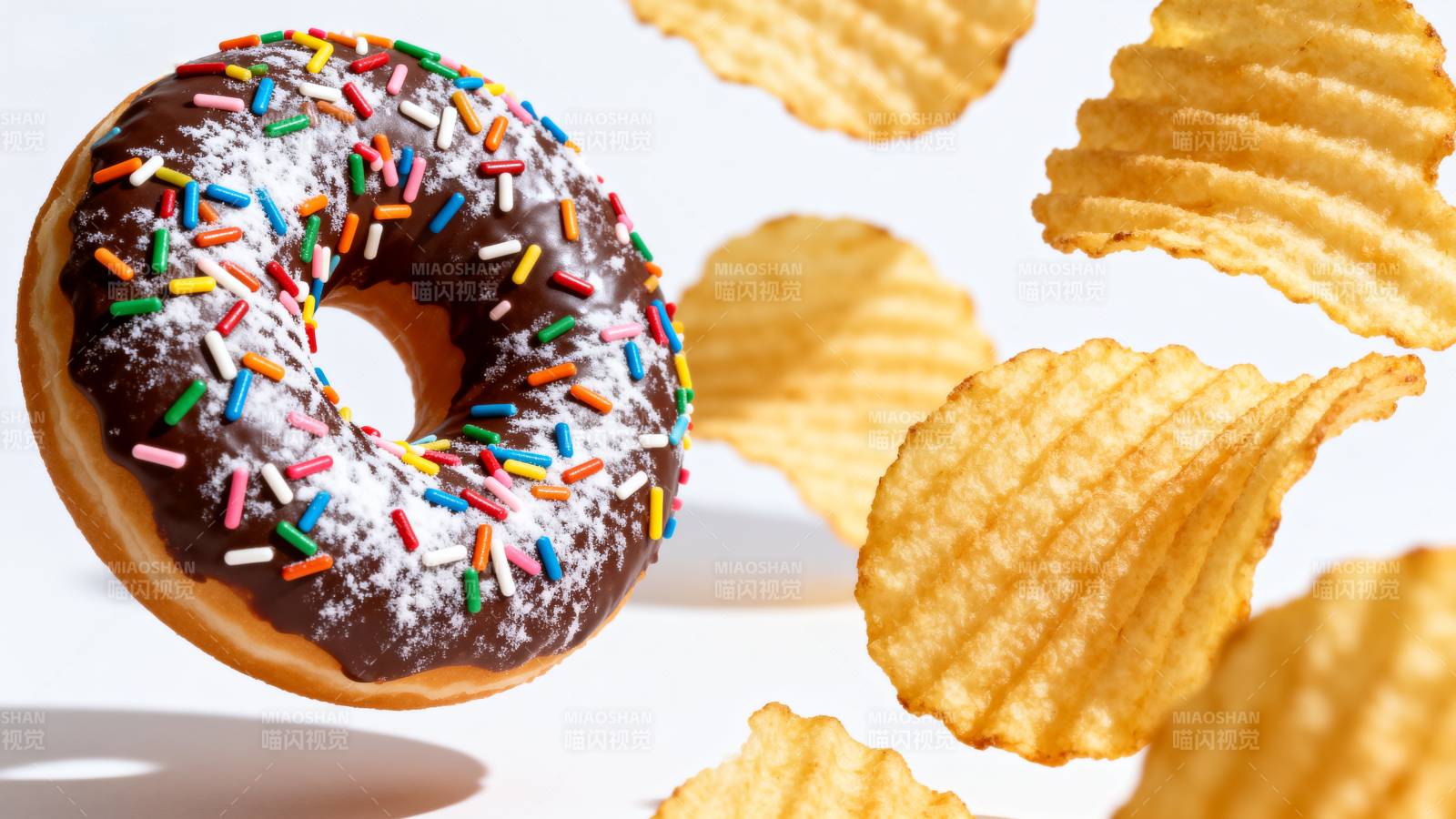 甜甜圈与薯片飞舞图片
