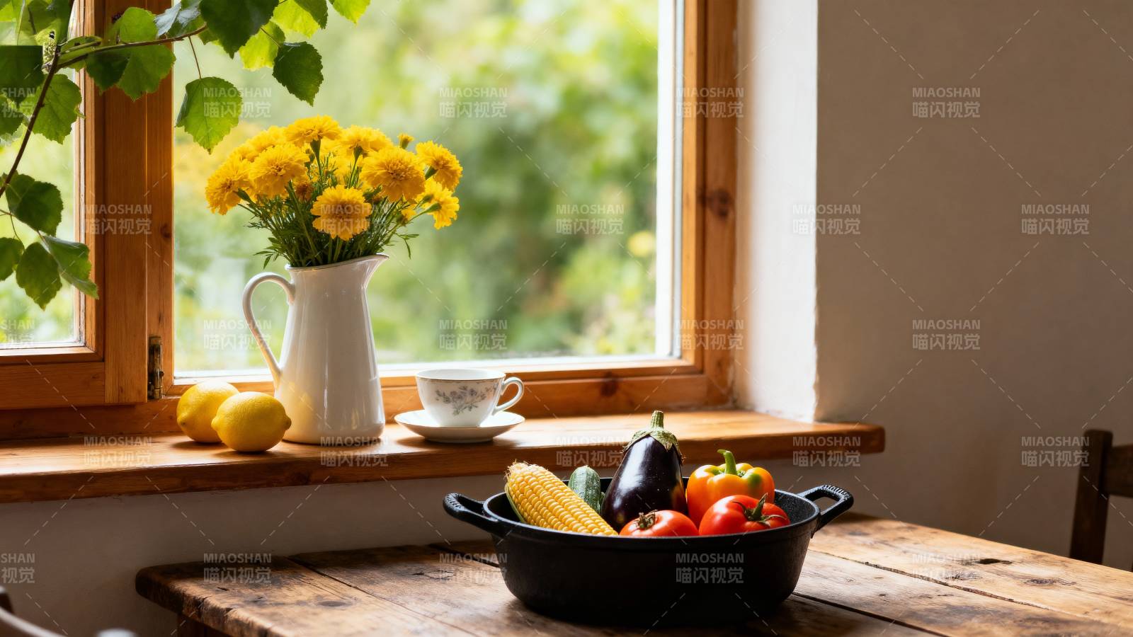 窗边蔬果静物图片