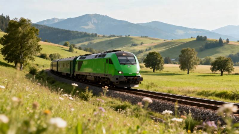 绿火车穿行田园图片