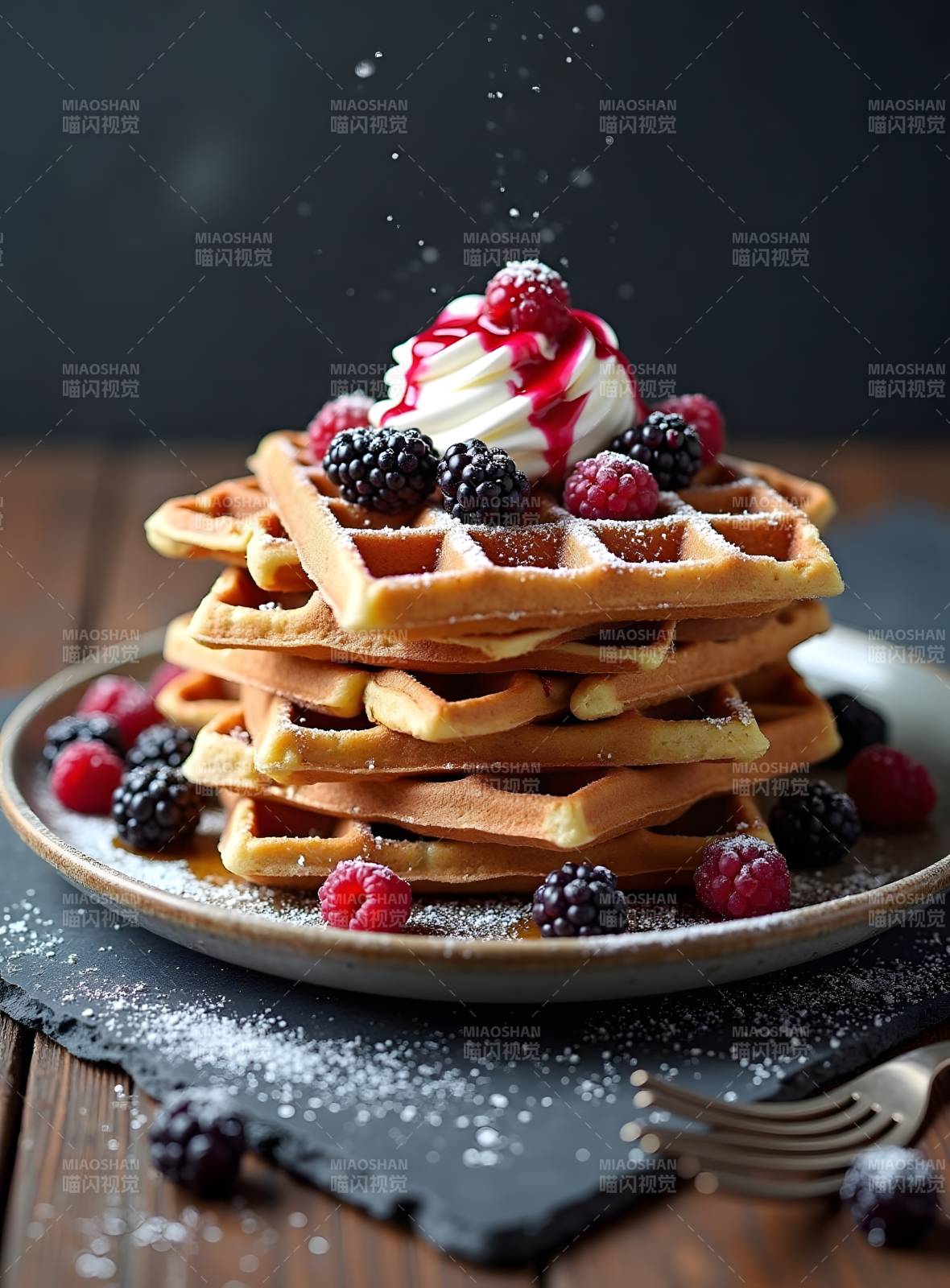 松饼堆叠水果奶油图片