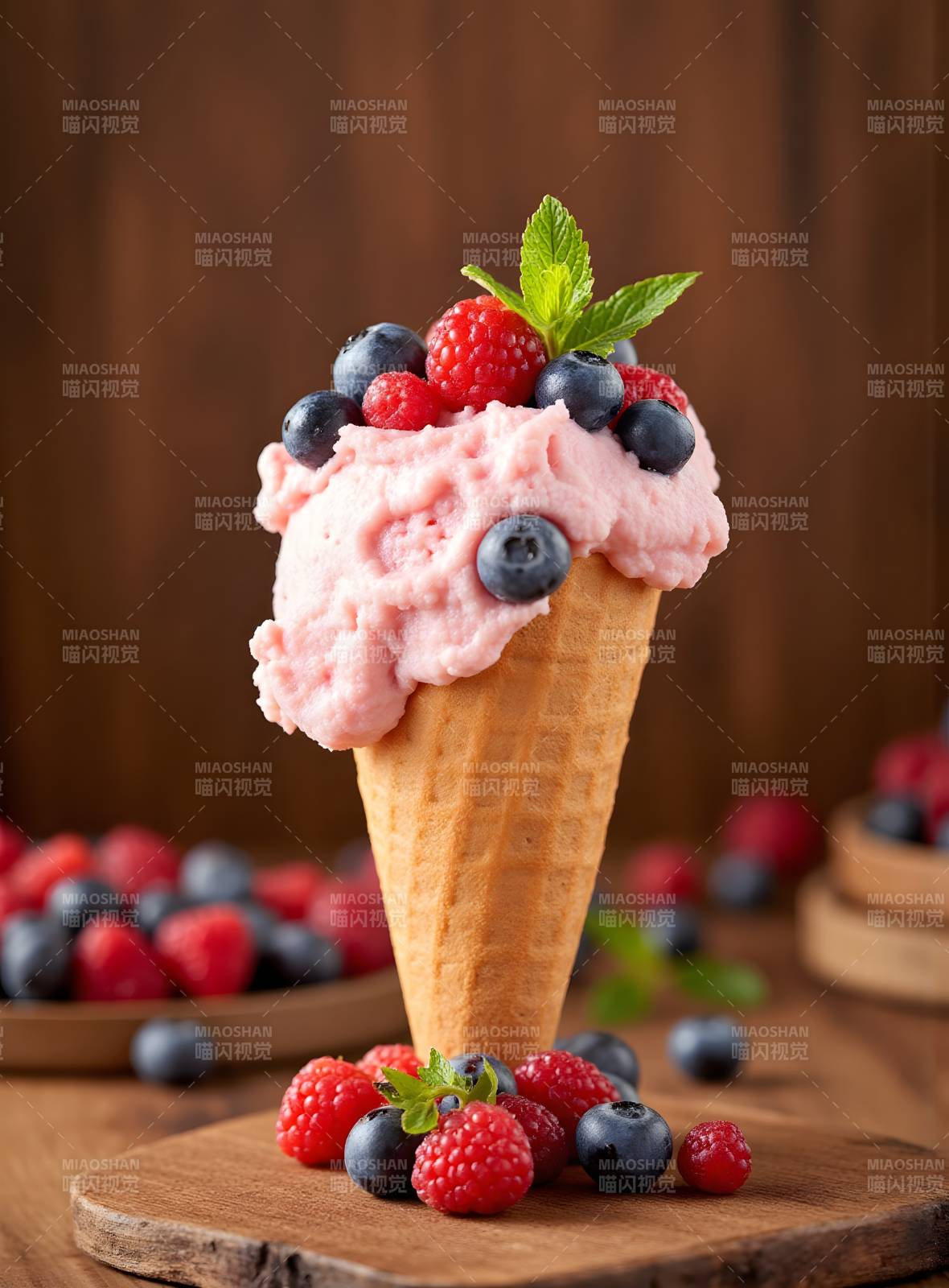 草莓蓝莓冰淇淋图片