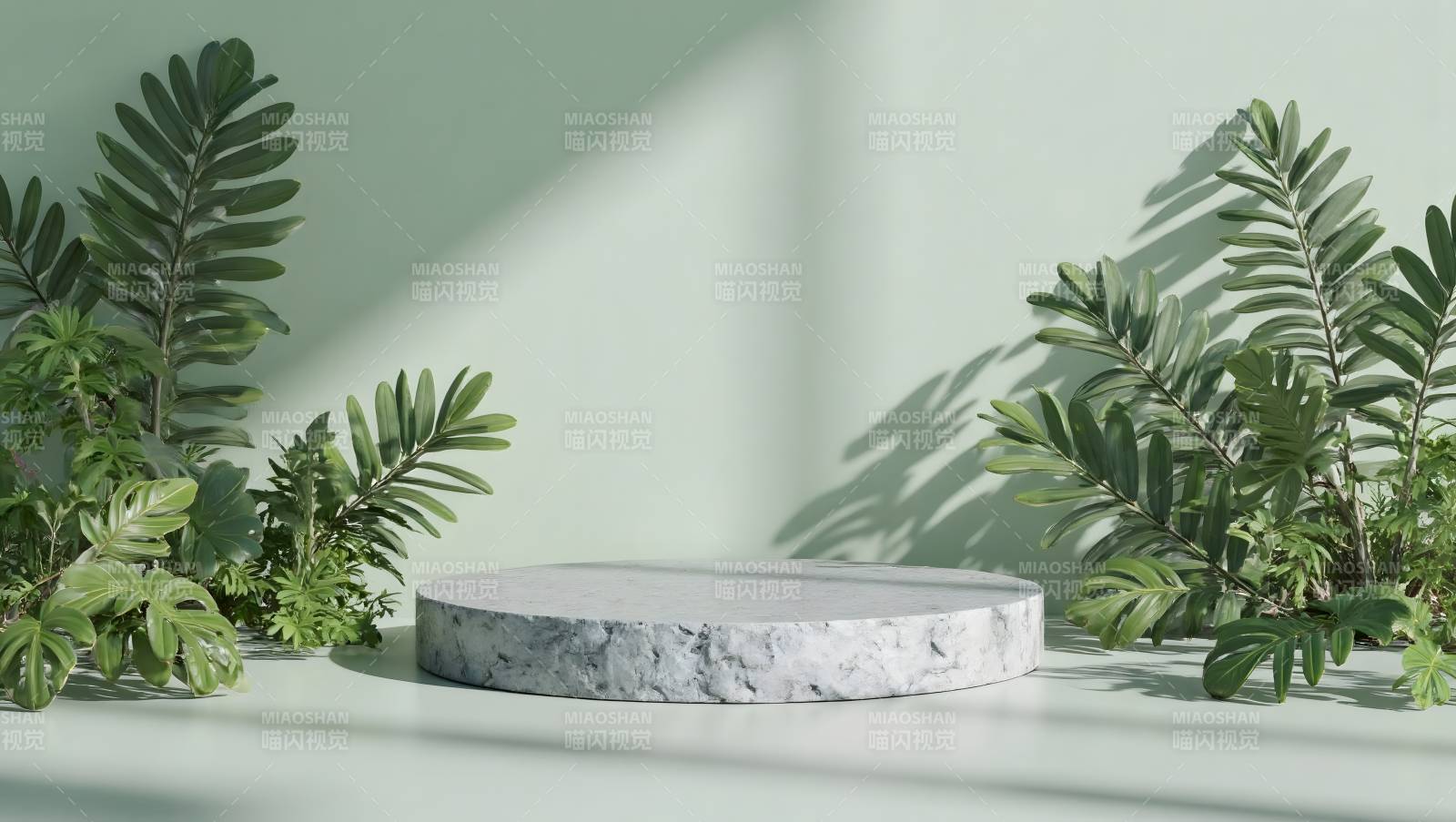 绿植环绕的大理石台图片