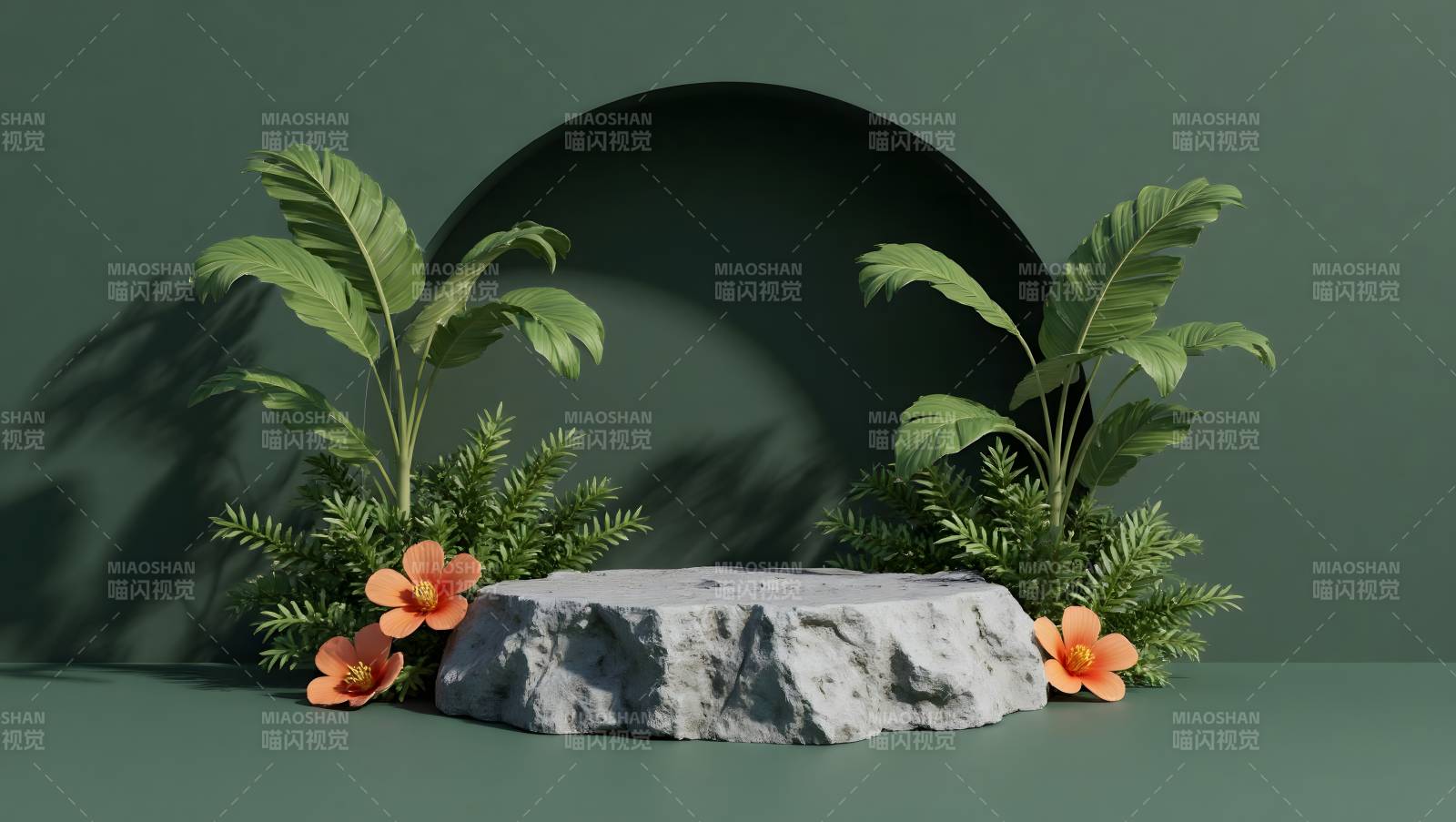 绿植环绕石台图片