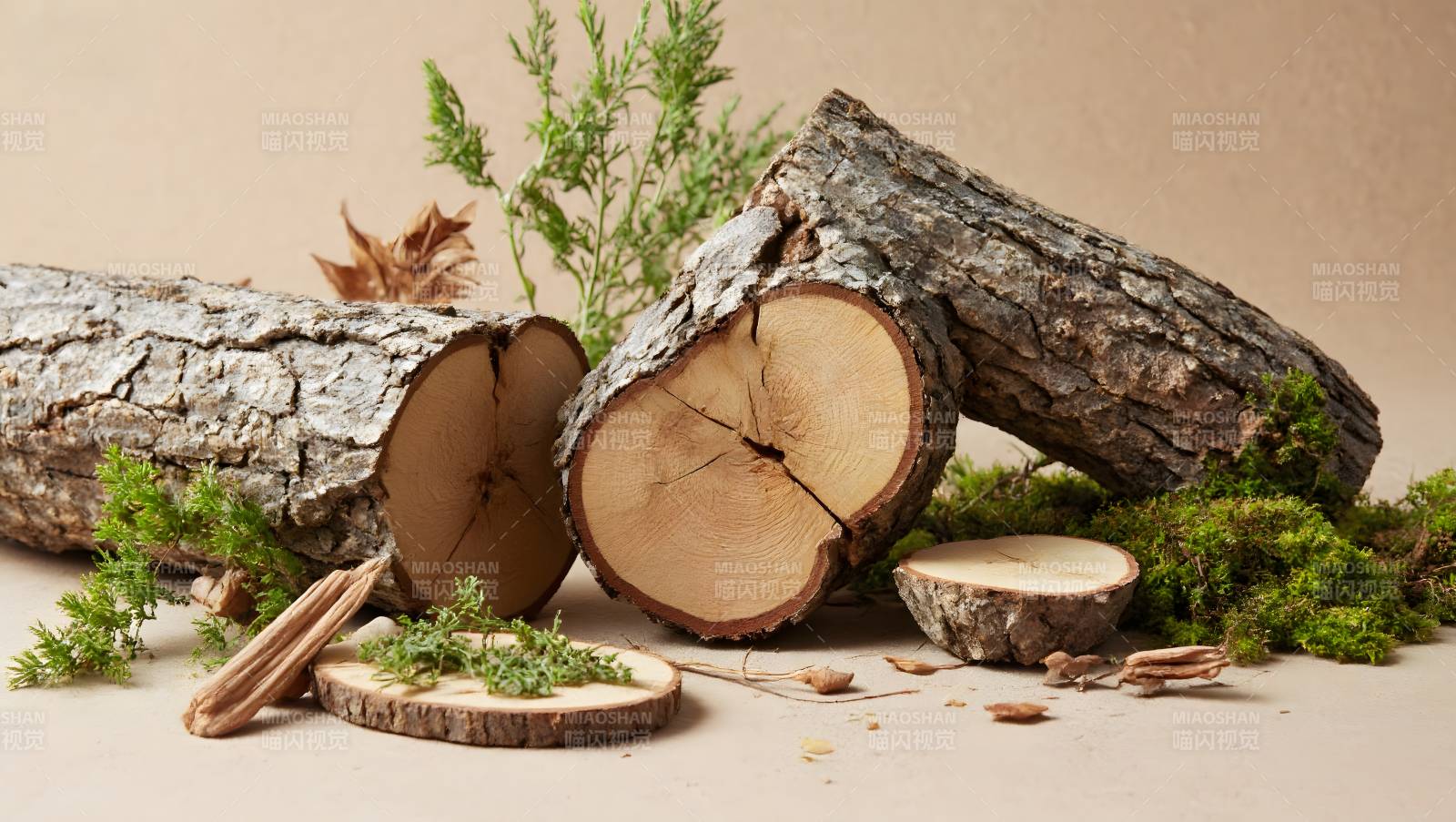 木桩与绿植静物图片