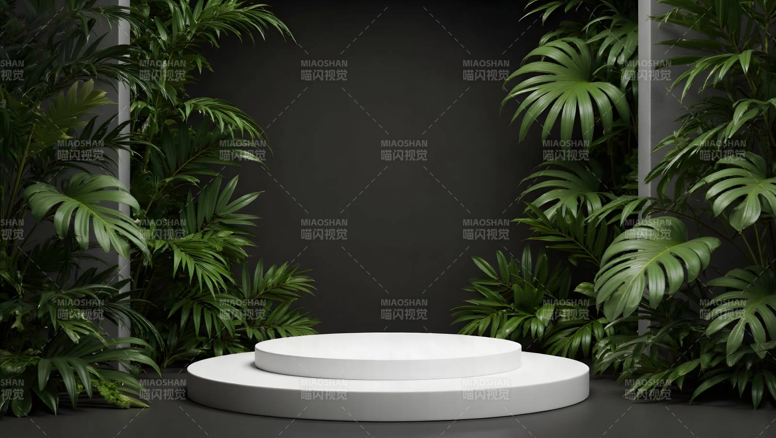 绿植环绕的白色展台图片