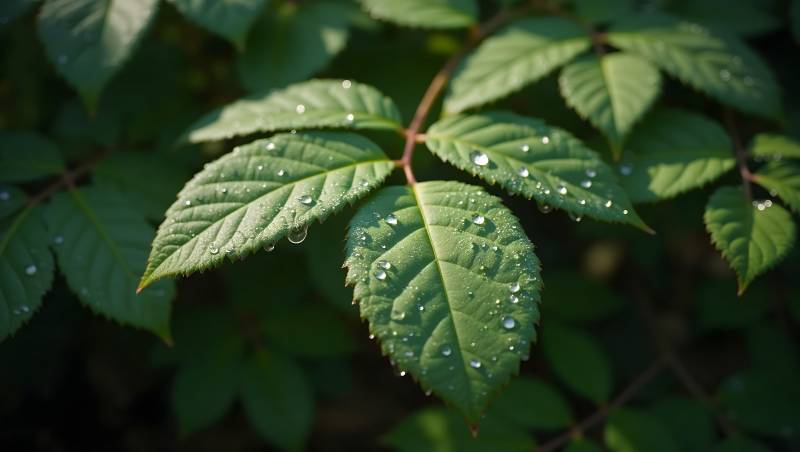 绿叶水珠晨光映衬自然之美图片