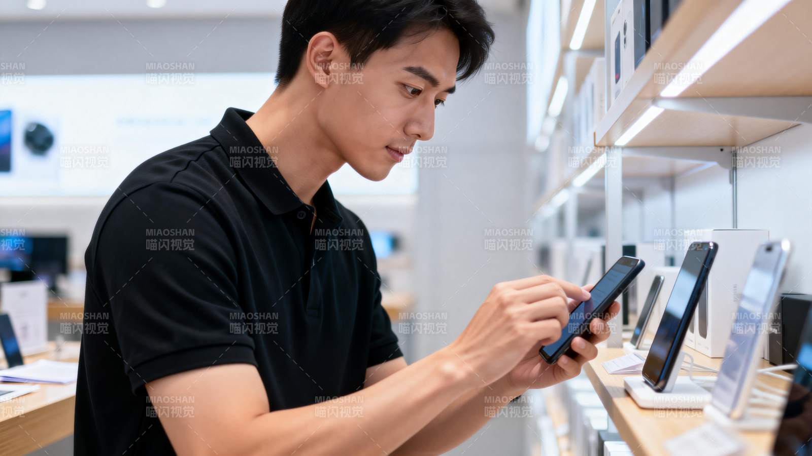 男子在手机店挑选新手机图片