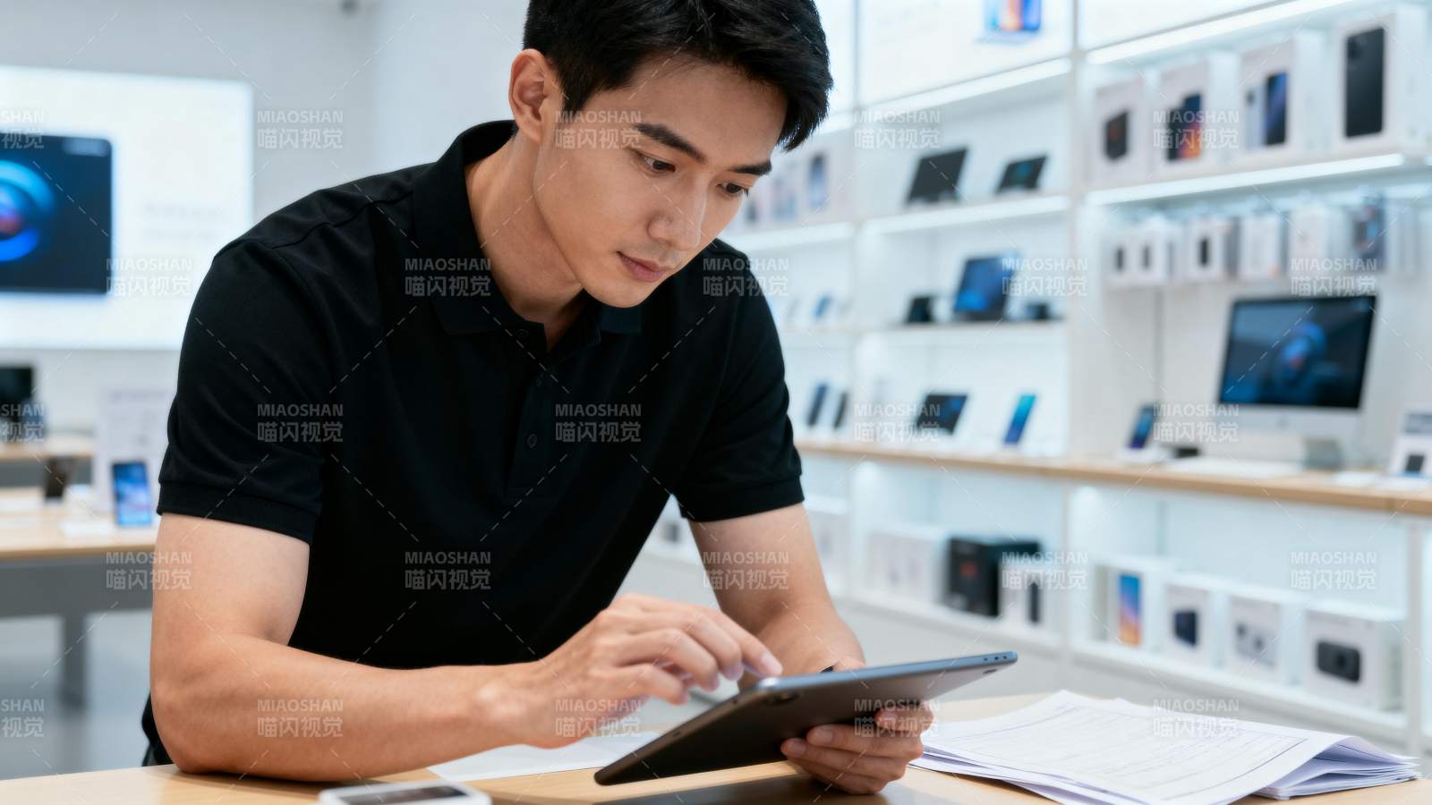 男子在电子产品店使用平板电脑图片