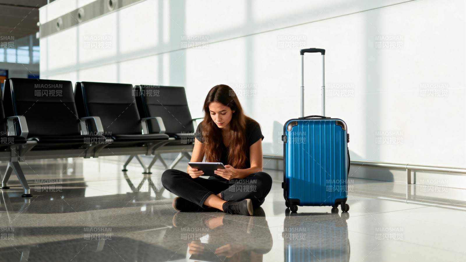 候机厅静坐女子图片