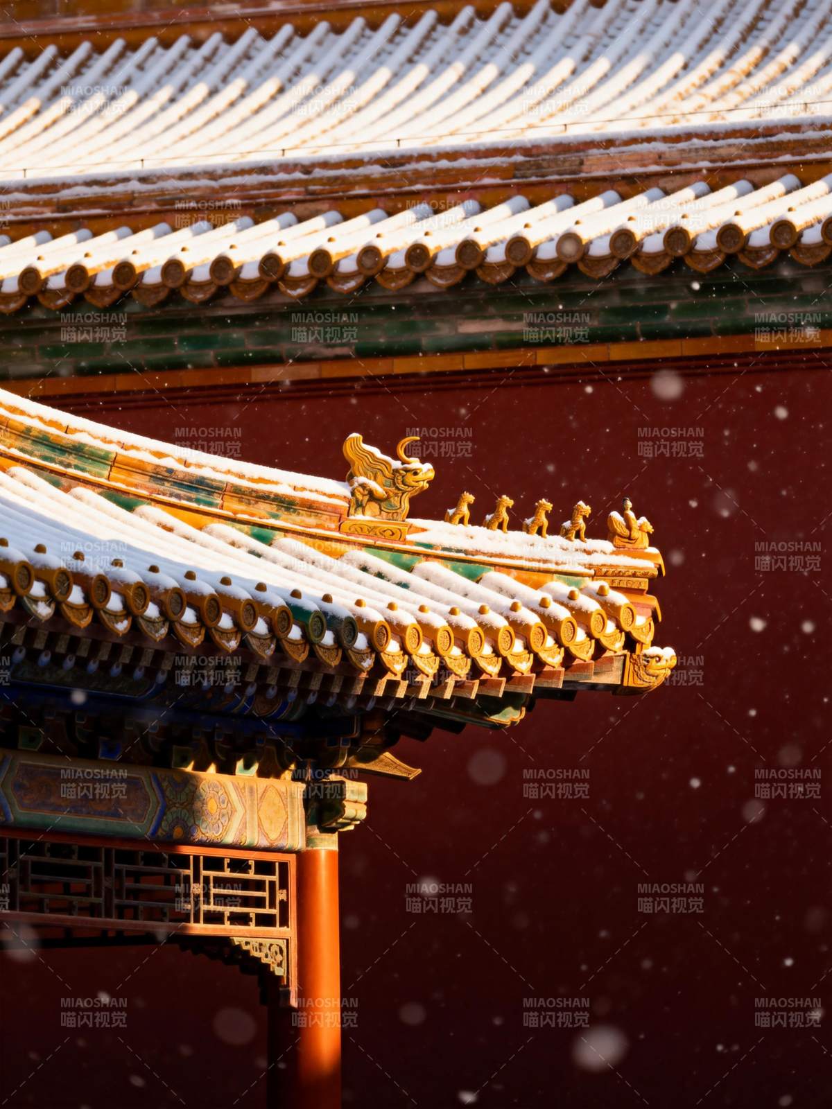 雪落古檐金兽静图片