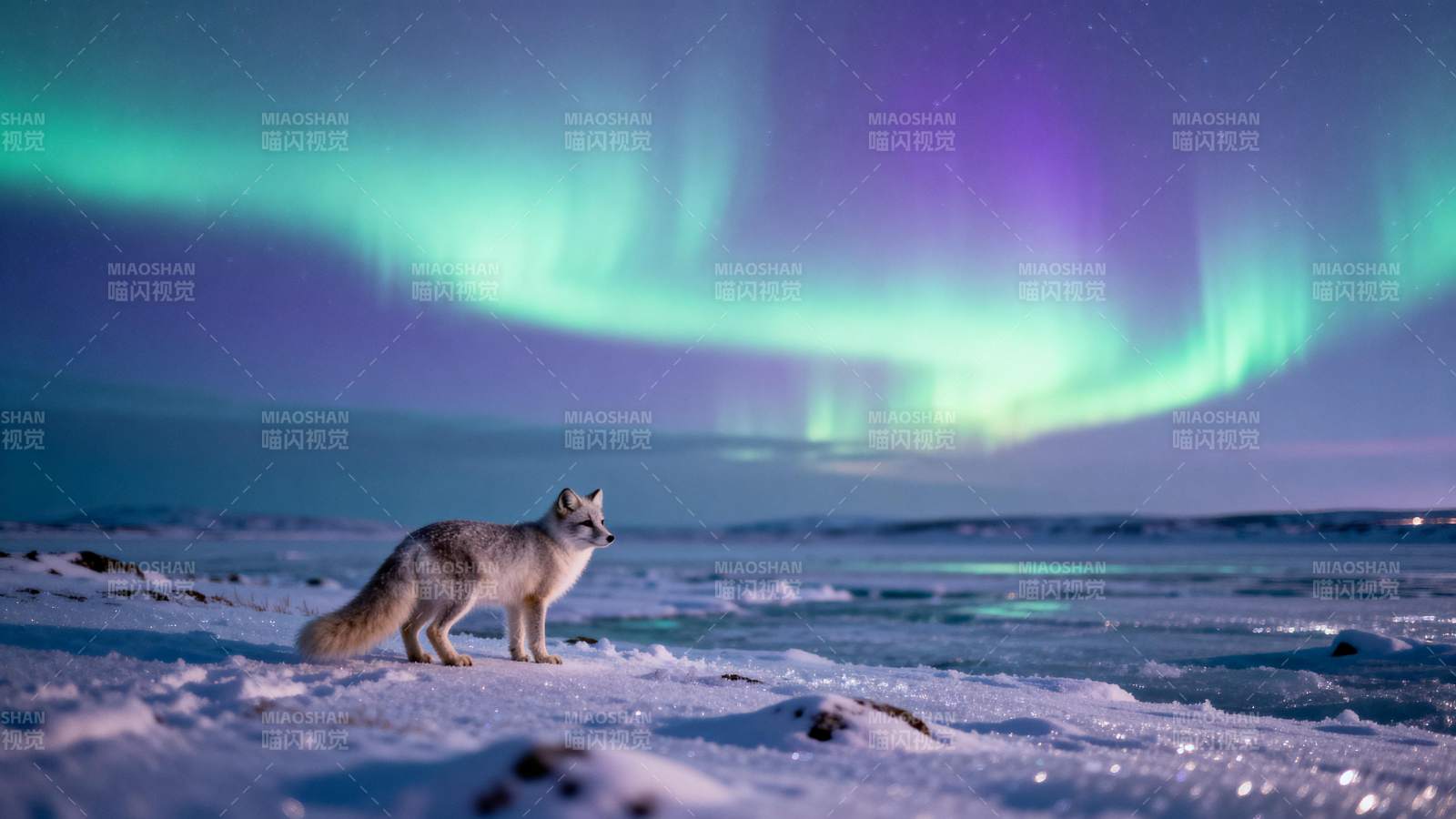 极光下的雪狐图片