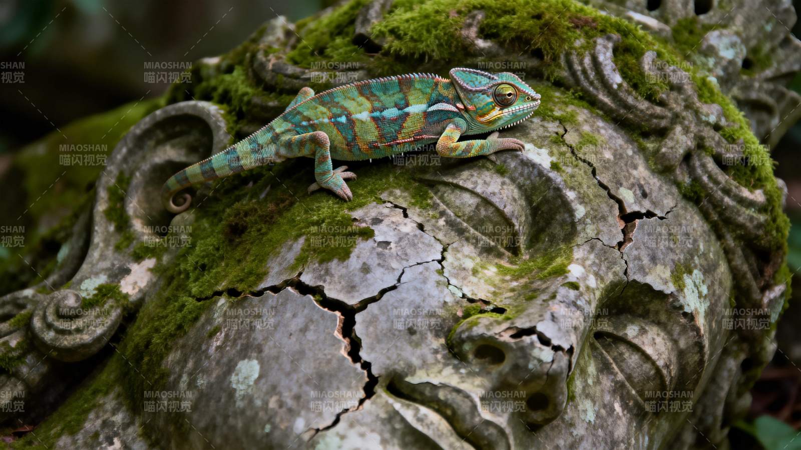 变色龙栖息古石上图片