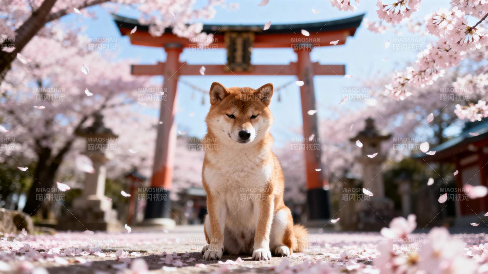 樱花下的柴犬图片