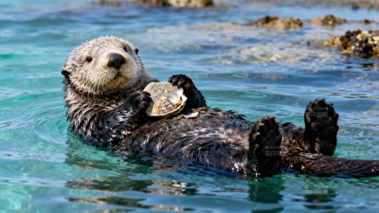 海獭浮水吃贝图片