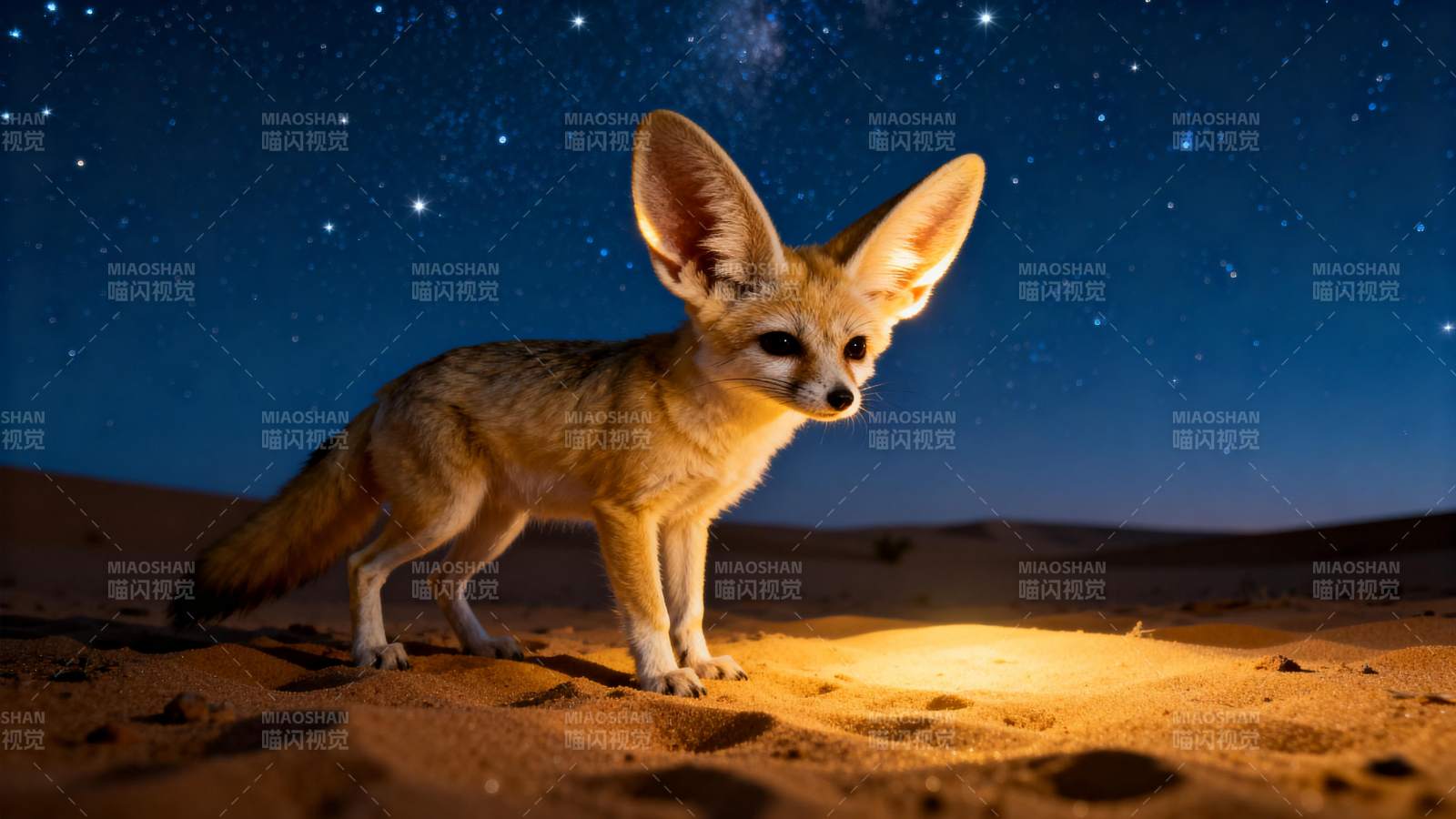 沙漠夜狐静立沙丘图片