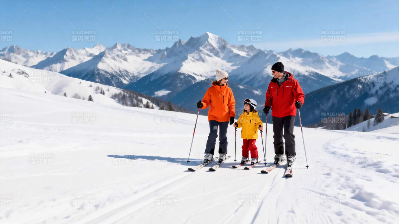 雪地滑雪一家三口图片