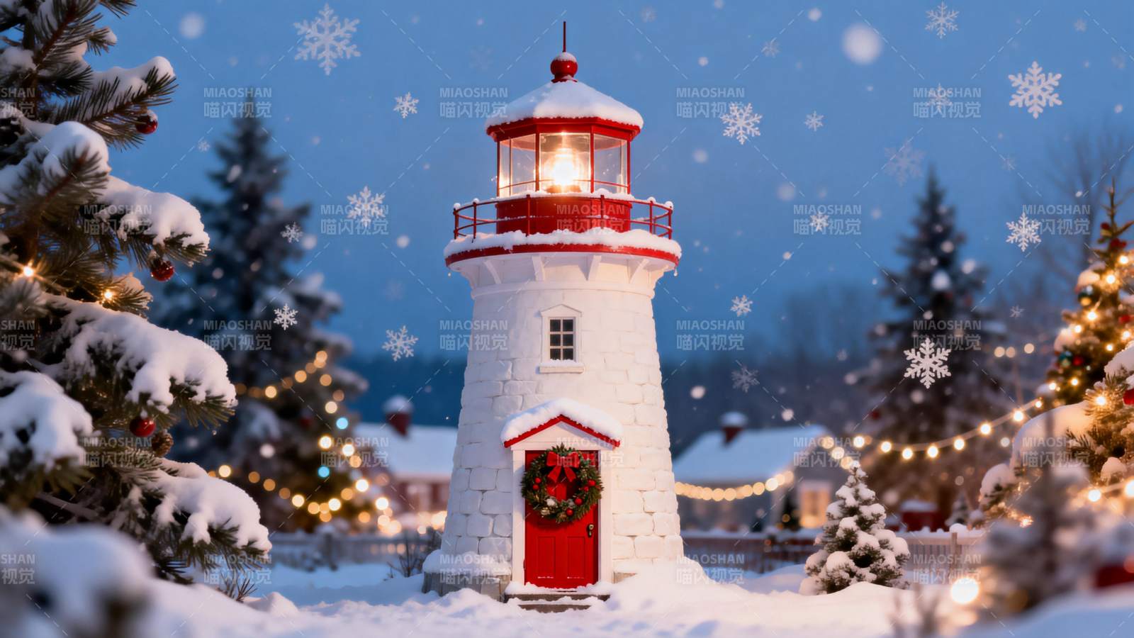 雪夜灯塔圣诞景图片