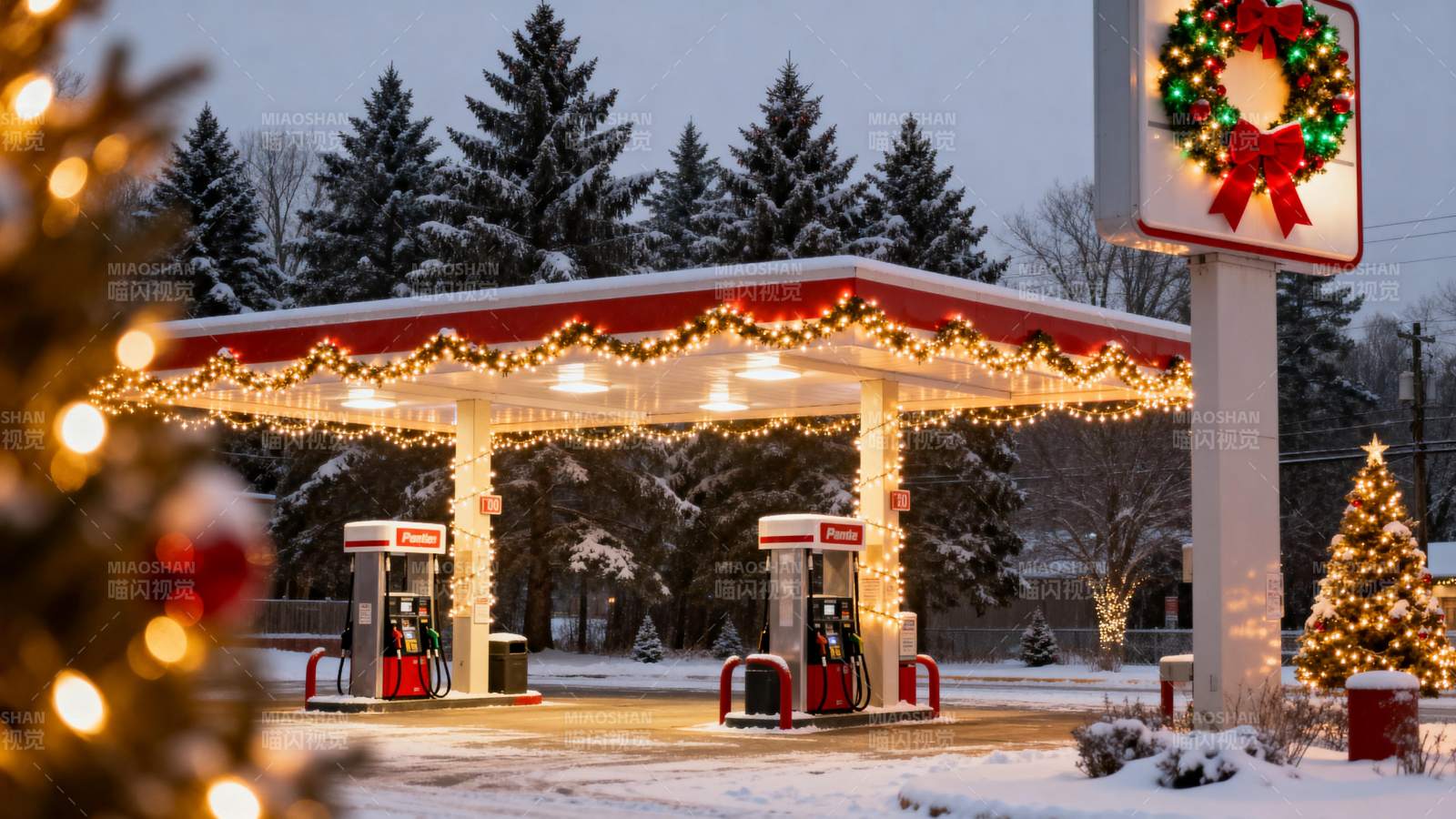雪夜加油站圣诞灯饰图片