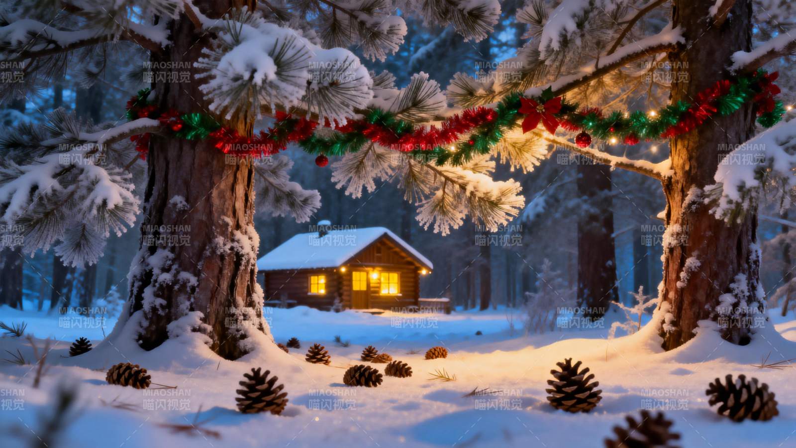 雪夜小屋温馨景图片