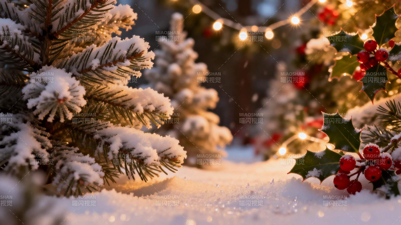 雪夜圣诞树光影图片