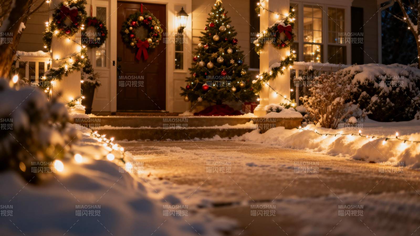 雪夜圣诞屋景图片
