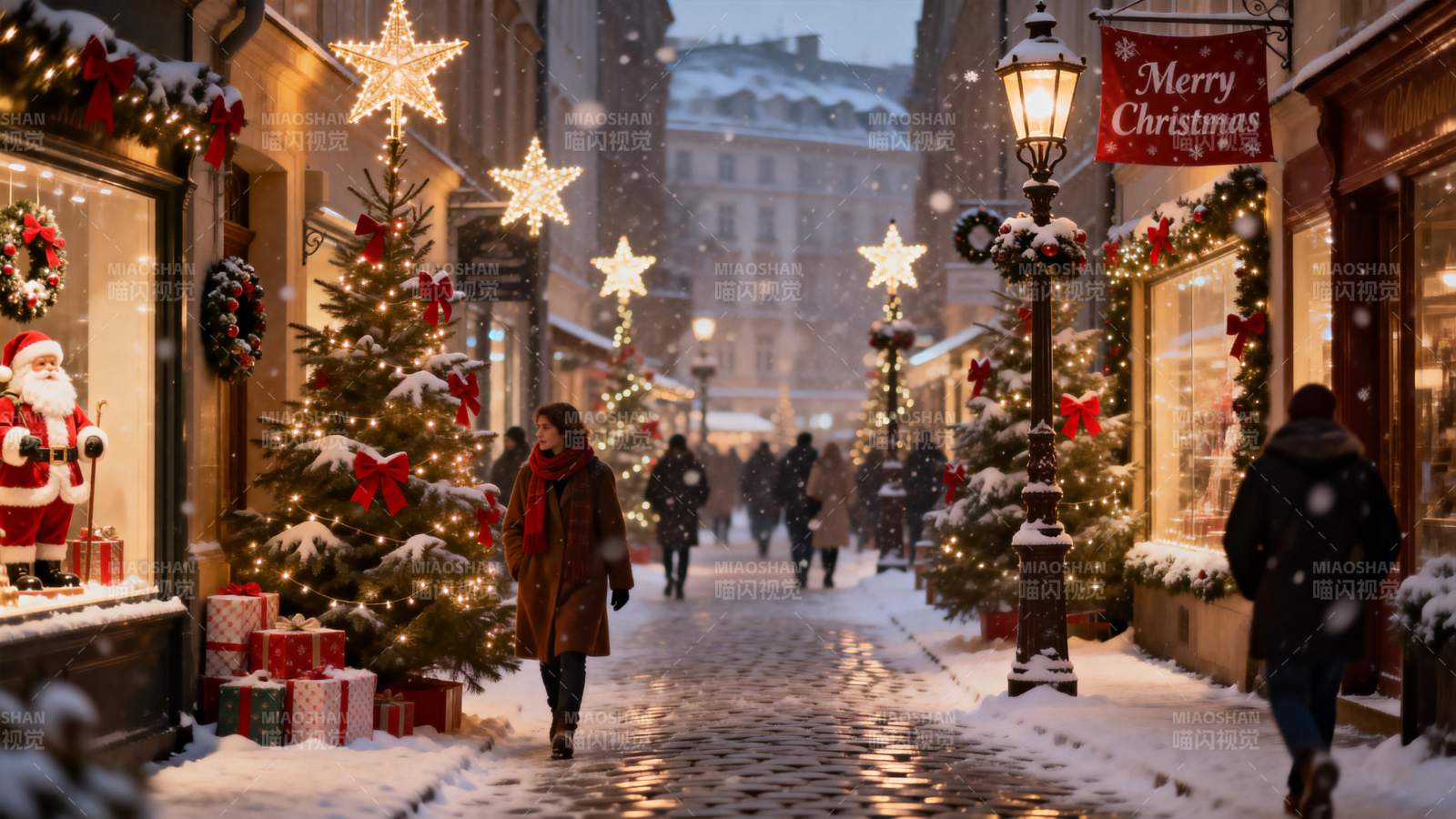 圣诞街景 雪中行人图片