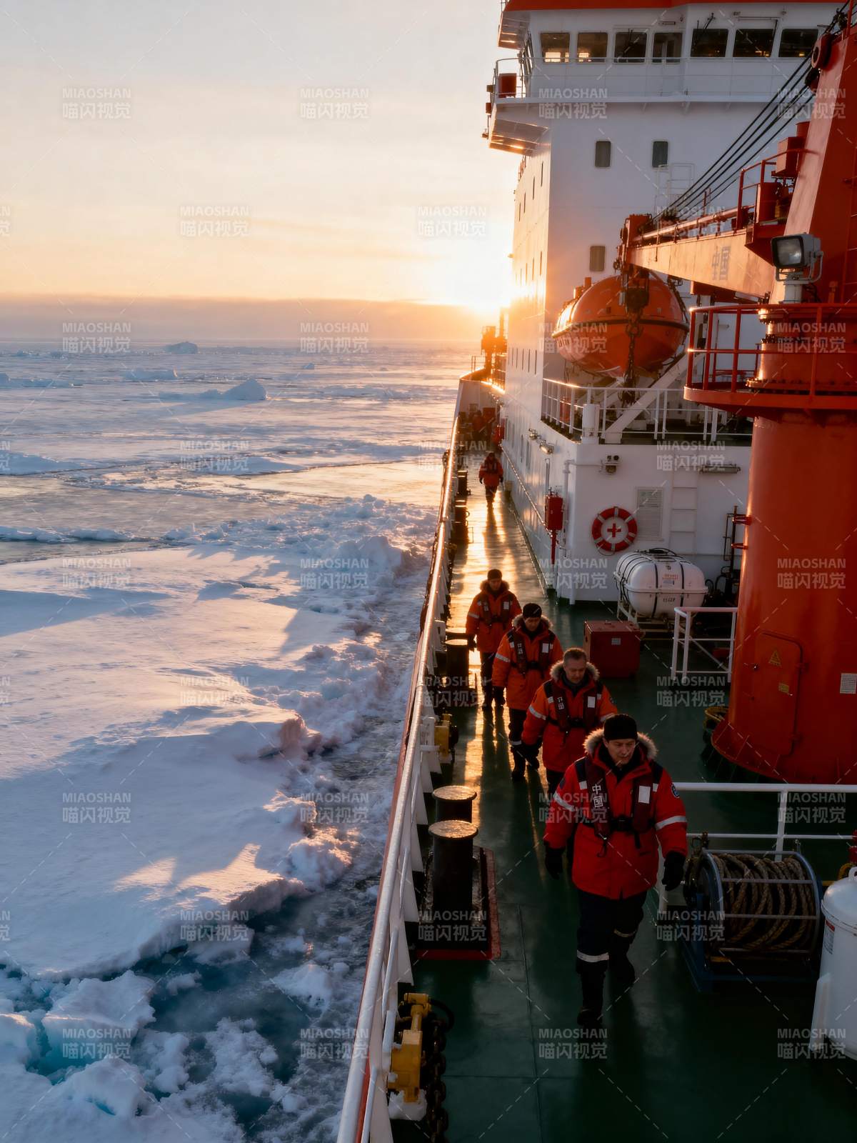极地科考船日落行图片
