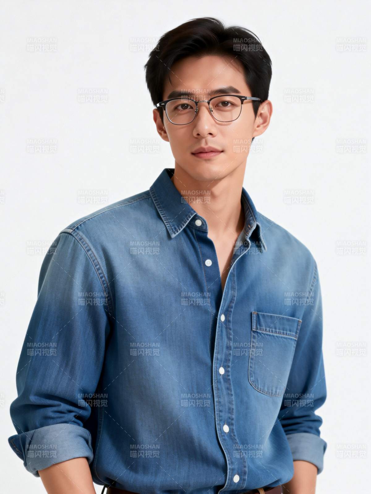 简约牛仔衬衫男模图片