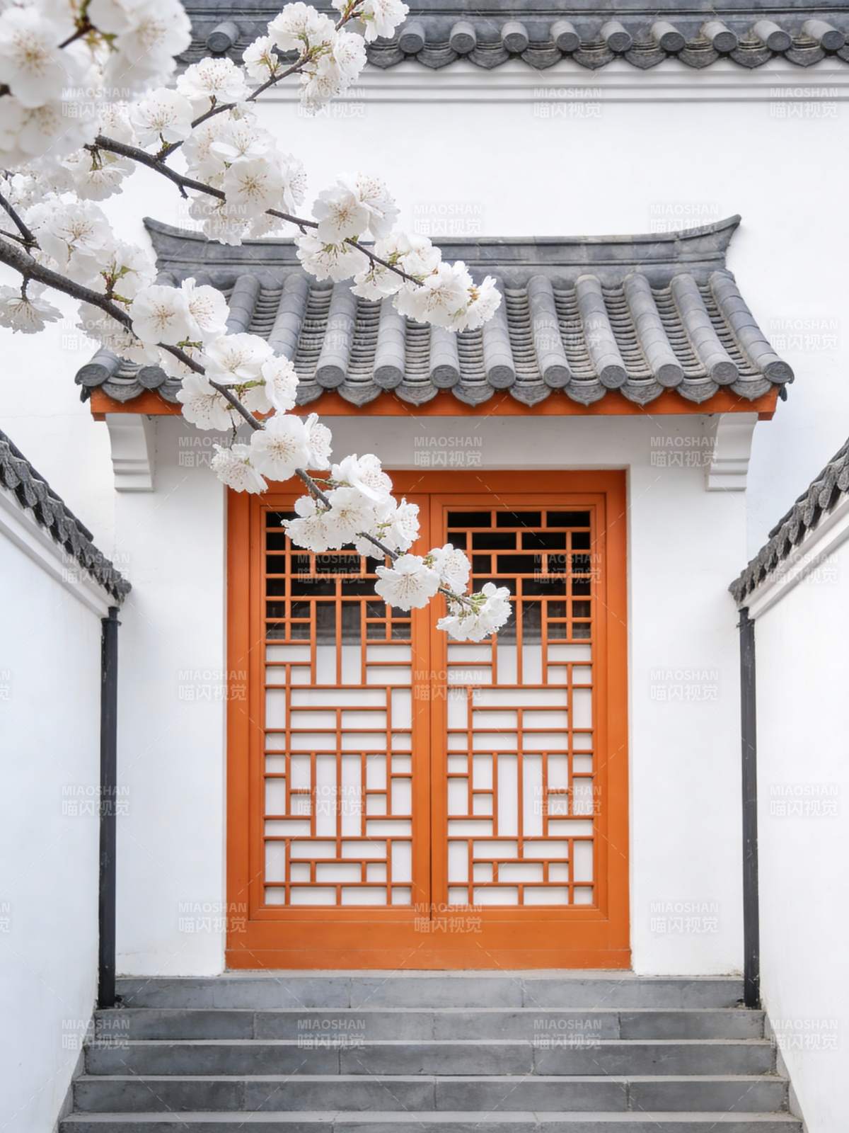 古建筑门前樱花绽放图片