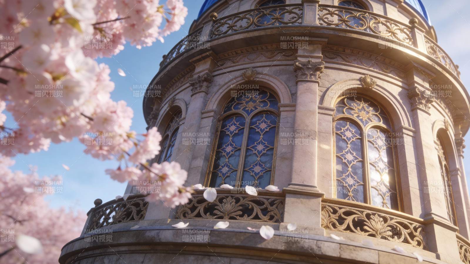 樱花映衬下的欧式建筑穹顶图片
