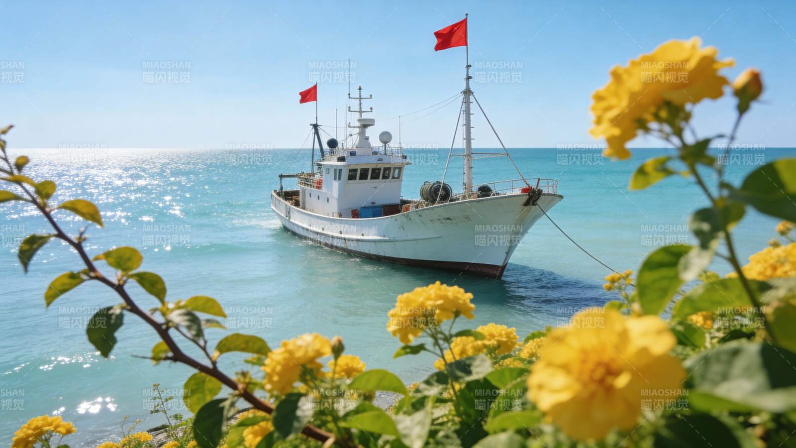 渔船停泊海面花丛前景图片
