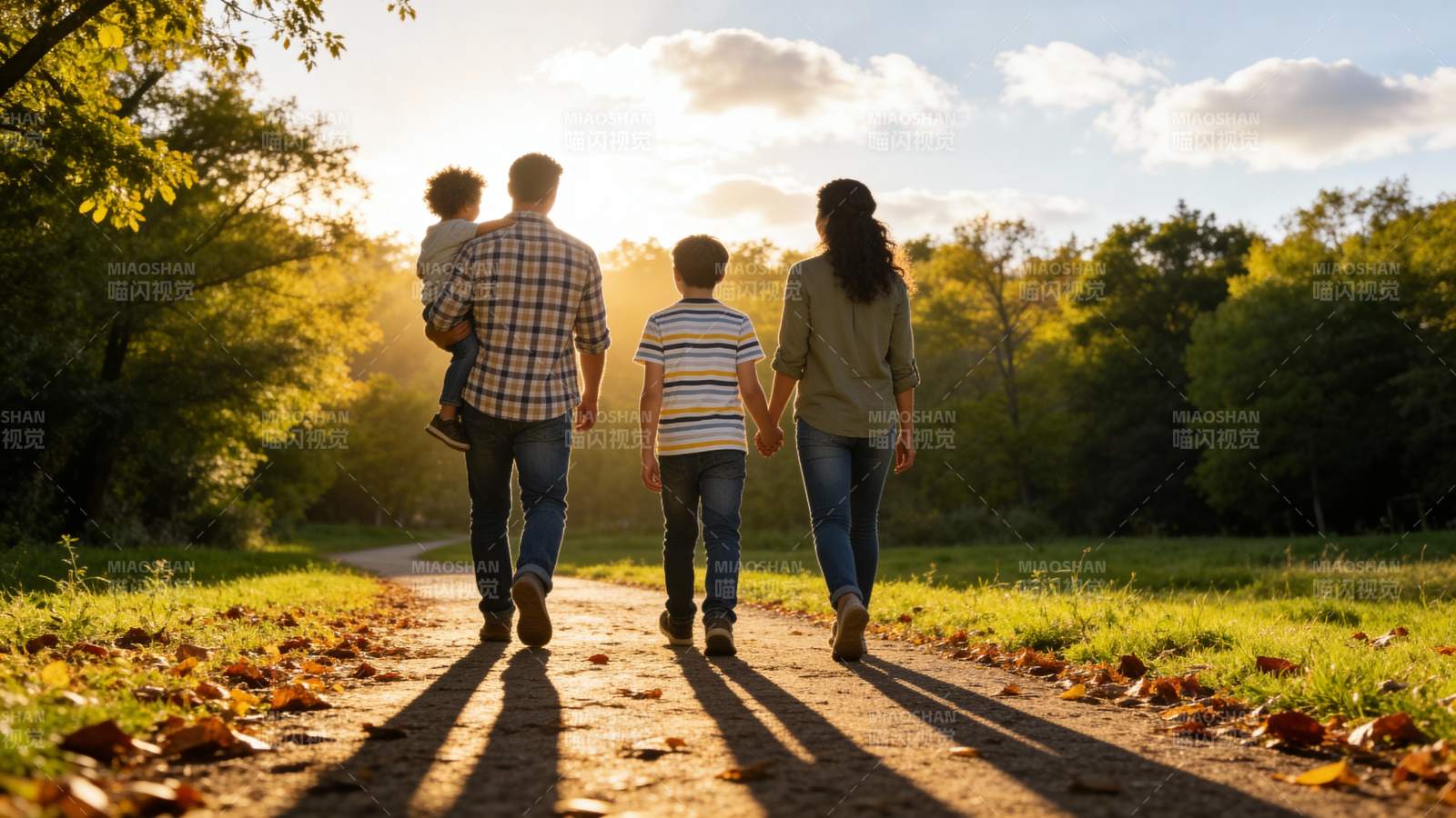 夕阳下家庭散步图片