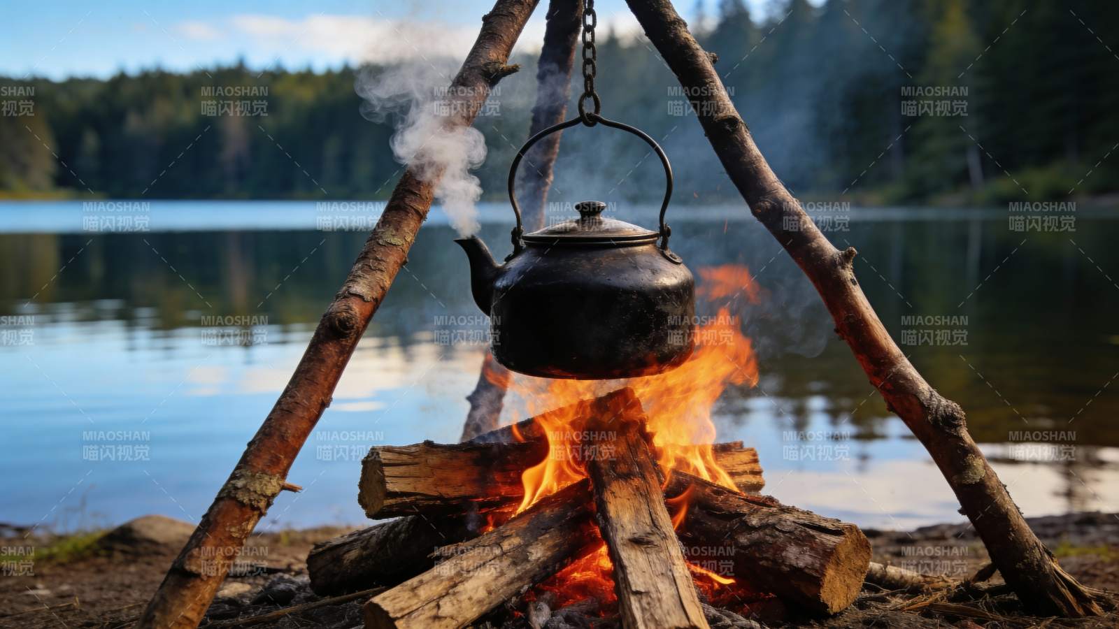 湖畔篝火旁的铁壶煮水图片