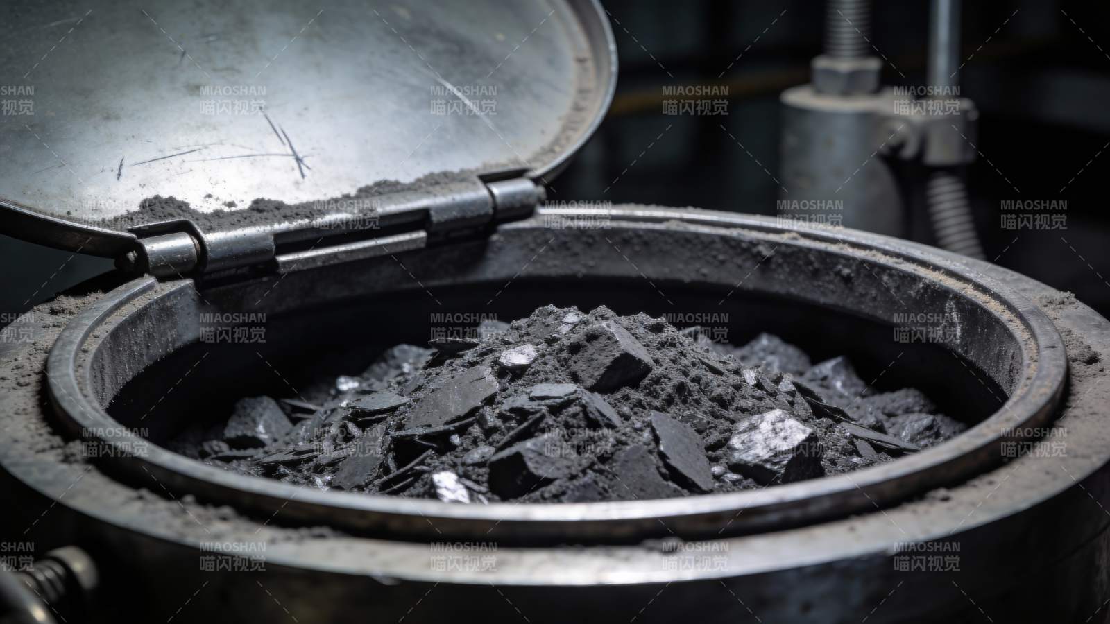 工业容器内堆积的黑色物料特写图片