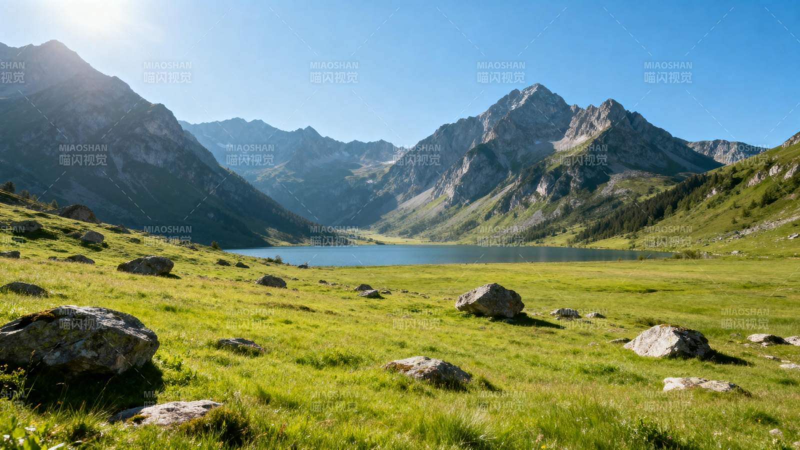高山湖畔绿野风光图片