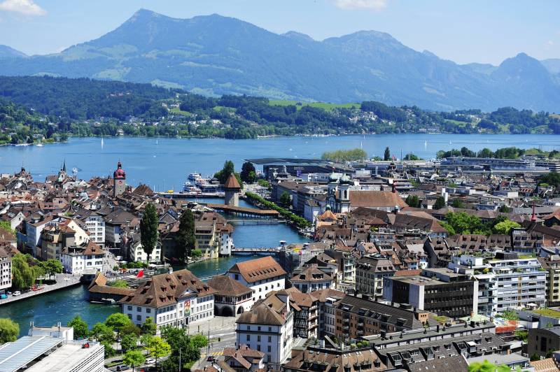 瑞士 湖畔山城风光图片