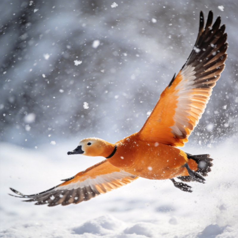 雪中飞翔的橙鸭图片
